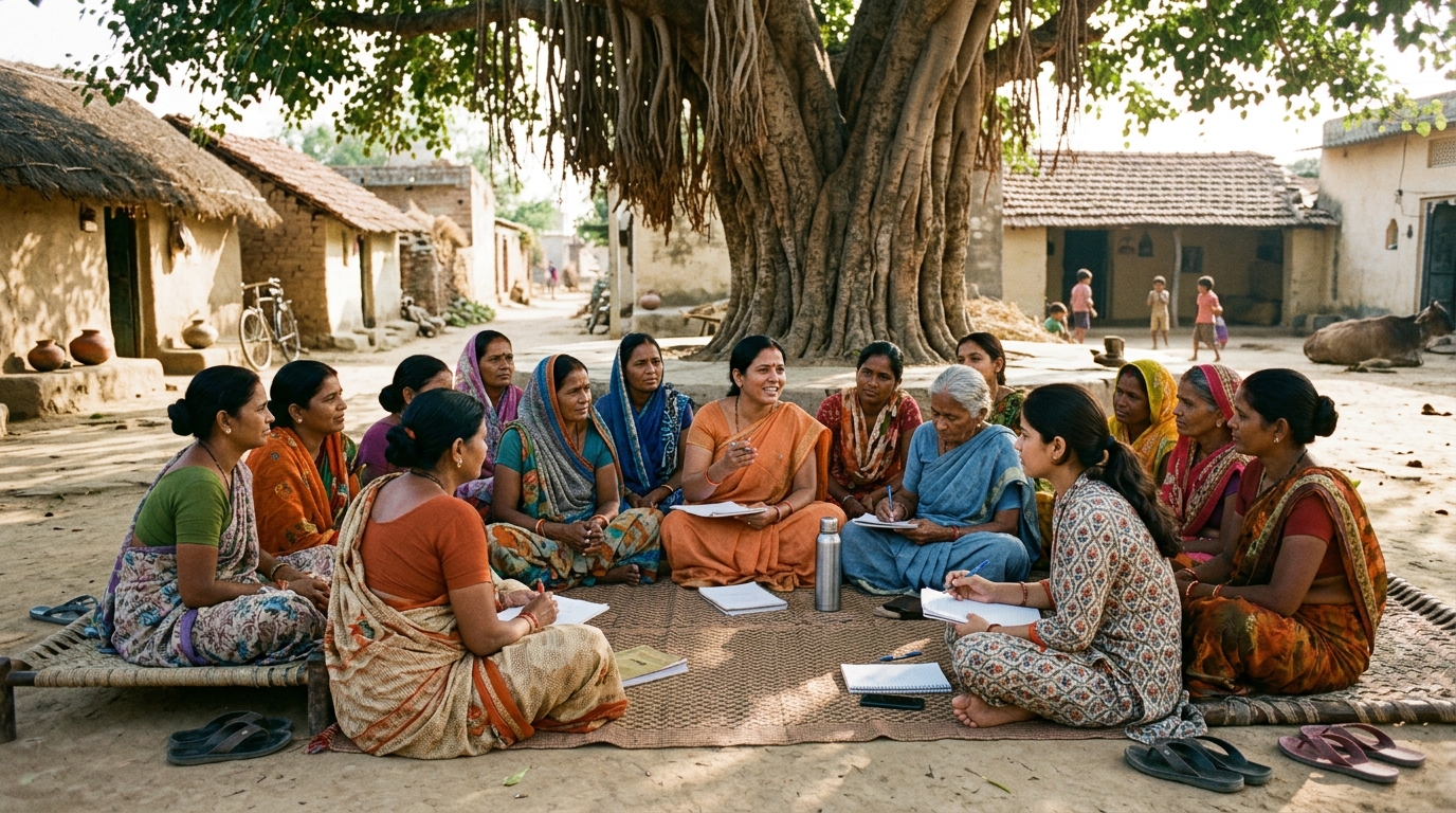 Rural Indian women participating in a community dialogue meeting under a banyan tree
