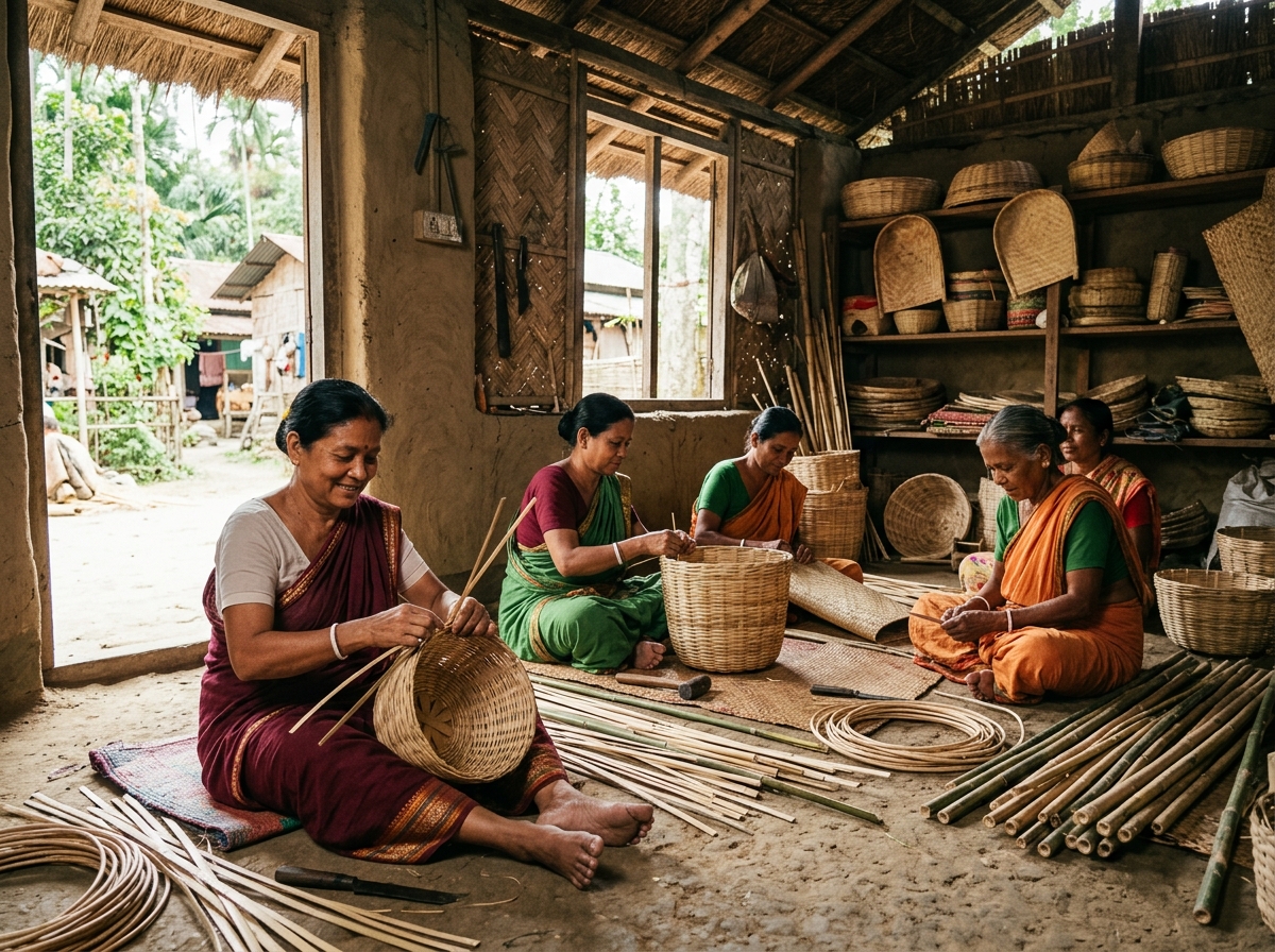 Rural women artisans weaving cane and bamboo baskets