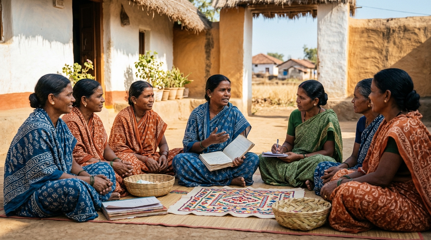 Rural Indian women participating in a community self-help group meeting